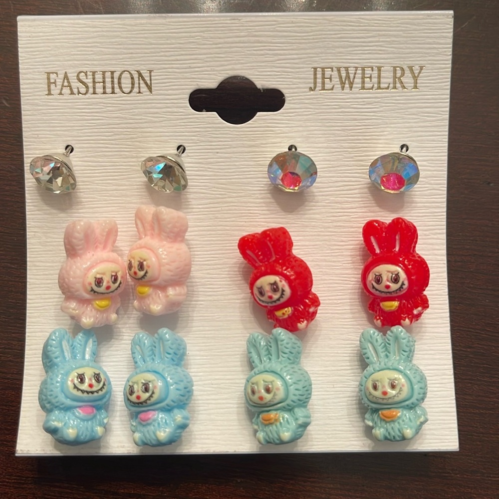 Colorful Cartoon Labubu Monster Character Earrings Set of four pairs with bonus